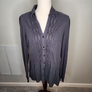 Anthropologie Meadow Rue Dark Grey 3/4 sleeve button down shirt Size L